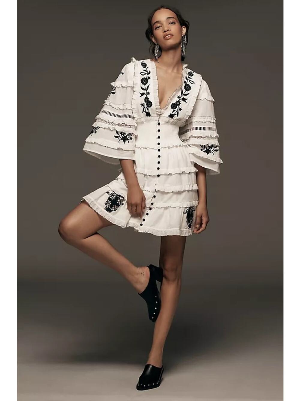 Anthropologie Embroidered V-Neck Ruffled Mini Dress, NWOT, Size 1X
